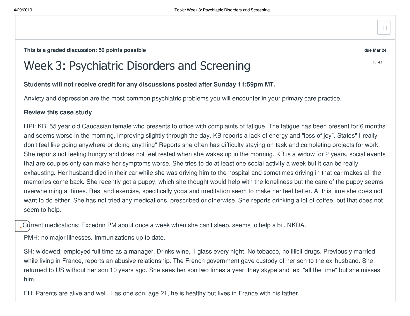 Preview image for NR 601 Week 3 Psychiatric Disorders and Screening Discussion Graded A
